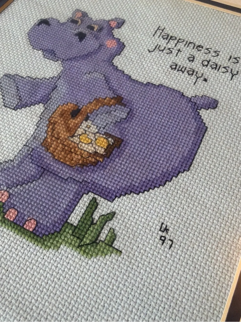 Vintage 1997 Finished Cross Stitch Framed Hippo Happiness Is Just A Daisy Away